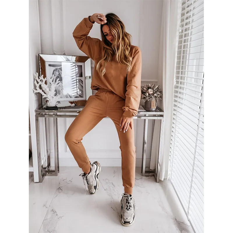

Autumn Spring Solid Color Clothes Suits Women Two Pieces Tracksuit Sets Long Sleeve Crew Neck 2 Piece Casual Female Sweat Suits