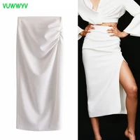 za women white pleated skirt pencil long skirt women summer 2021 high waisted ruched woman skirts vintage midi skirt