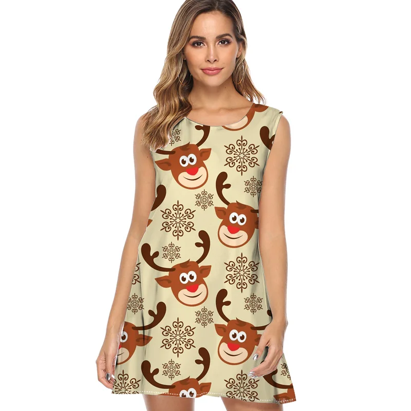 

Cartoon pattern Christmas Print Summer Dress 2019 New Style Sleeveless Casual Chiffon Dress for Women A line Cute Mini Dresses