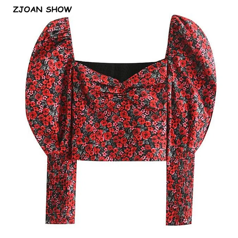 Женская блузка с высокой талией Красная Эластичная рубашка цветочным принтом и