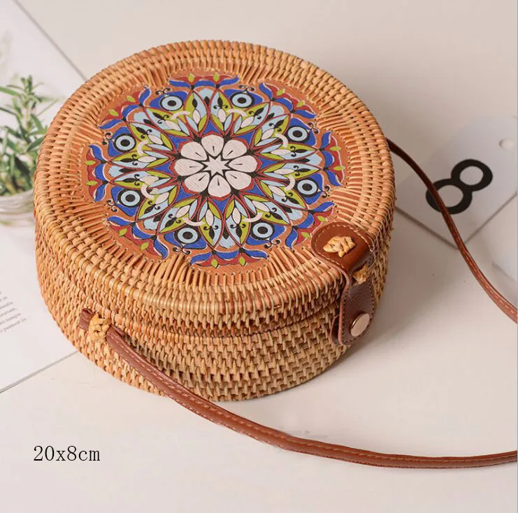 flower K 20X8cm Солнечный пляж, ручные тканые сумки, круглая сумка с пряжкой, Ротанговые соломенные сумки, ранец, богемная пляжная круглая сумка - Цвет: flower K 20X8cm