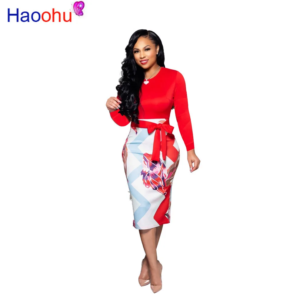 

HAOOHU 2019 Autumn New Arrival Office Lady Women Dress 5 Color Solid O-neck Full Sleeve Ladies Midi Dress