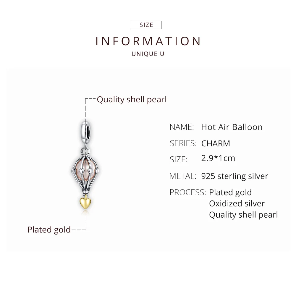 

BISAER Hot Air Balloon Beads 925 Sterling Silver Pink Shell Pearl Charms Pendant Fit DIY Bracelet For Women Fine Jewelry HVC397