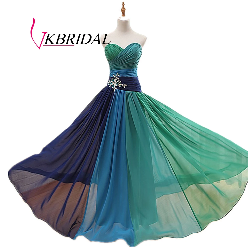 Женское длинное платье невесты VKBRIDAL синее шифоновое плиссированное с