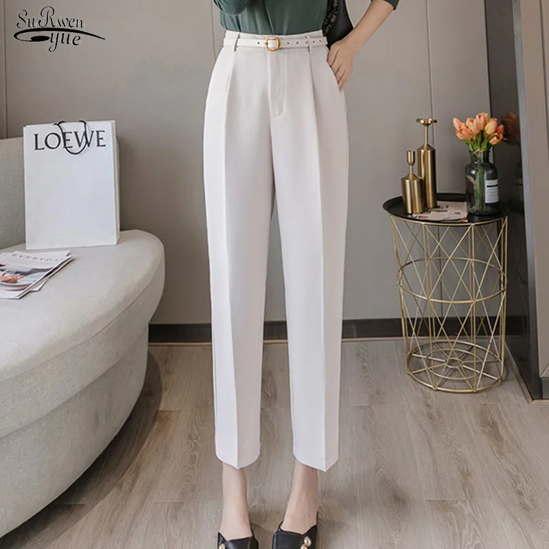 

Spring 2021 Autumn High Waist Women Pants Elegant Loose Fashion Women Pant New Solid Office Lady Ankle-Length Belt Wild Pants