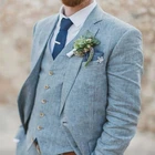 Новейший дизайн пальто и брюк светильник-голубые льняные свадебные костюмы для мужчин пляжный костюм для жениха приталенный под заказ костюм-смокинг из 3 предметов