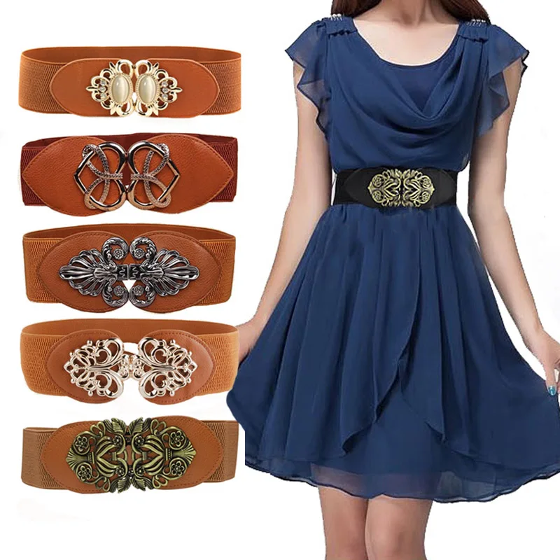 21 types New Women Elastic Wide Belt Thick Vintage Totem Print Stretch Leather Waist Belt For Dress Corset Cinch Waistband Z30