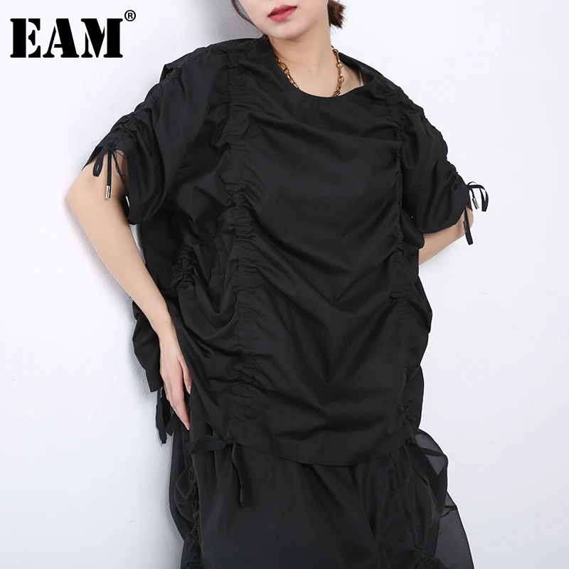 

[EAM] Женская Черная длинная футболка с завязками Irreuglar большого размера, новая модная футболка с круглым вырезом и рукавом до локтя, весна-лет...