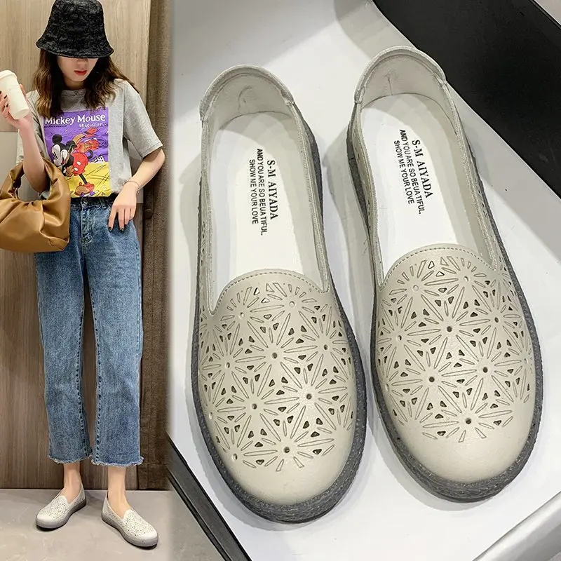 

Leather Women Flats New Cut-Outs Summer Shoes Woman Hollow Women's Loafers Female Solid Shoe