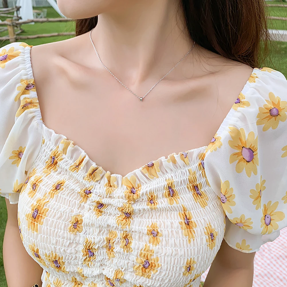 

HOT SALE Fashion Women Summer Puff Sleeves Sunflower Print Ruffled Drawstring Crop Top Chiffon Top Women Casual Top Short Sleeve