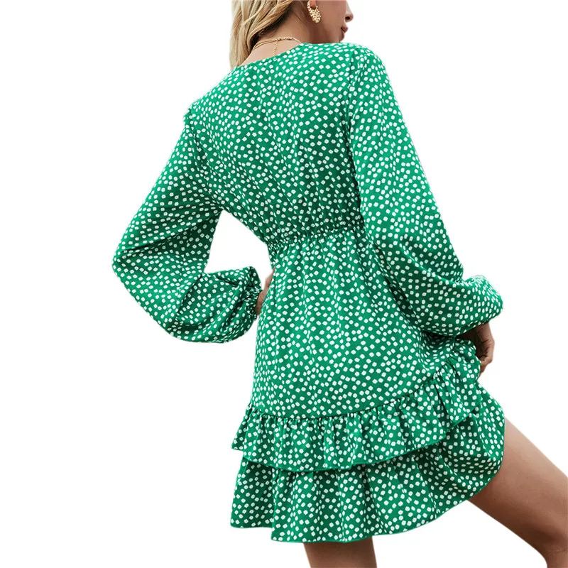

Summer Women Beach Chiffon Dress Casual Long Sleeve Polka Dot Dress Boho Mini Party Dress Elegant V Neck Sundress Vestidos