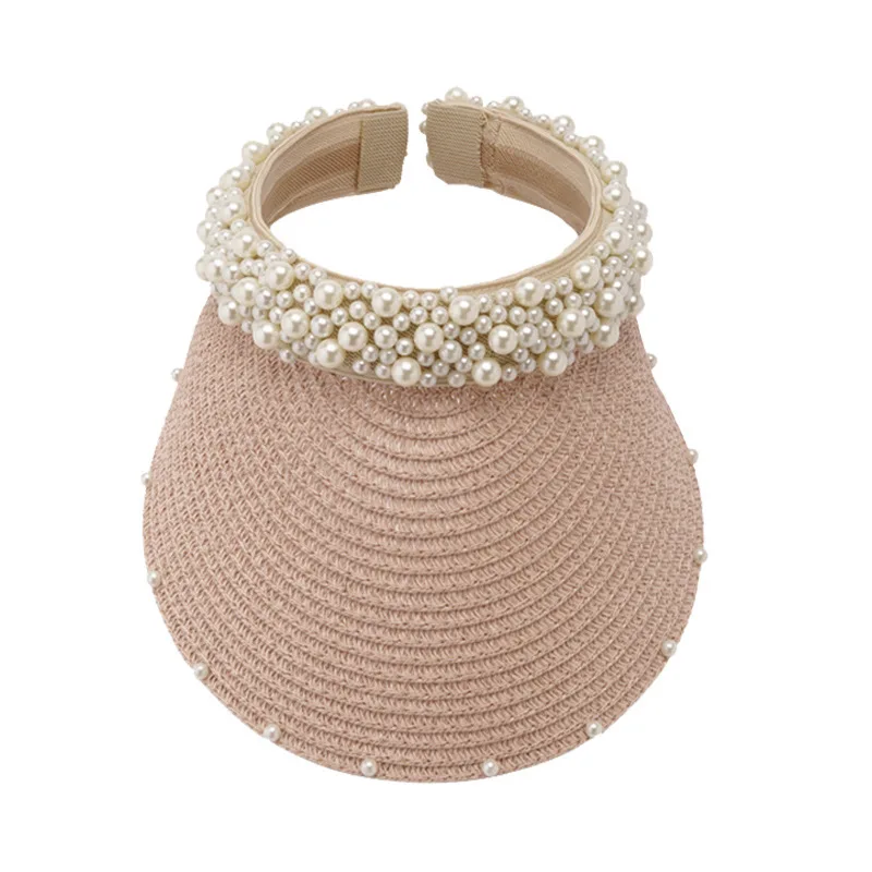 

Straw Hat Women's Summer Handmade Pearl Beach Grass Empty Top Hat Female Sunshade Sun Hat
