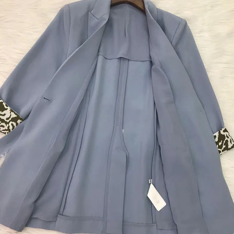 

2021 Autumn New Classic One Button Seven Sleeve Suit Coat For Women Office Lady Blue Blazer With Belt