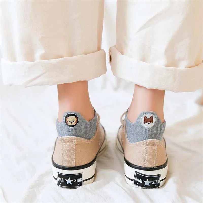 Kawaii/женские носки с вышивкой в виде животных; модные забавные Женские носочки; хлопковые летние носки; 3 пары ярких цветов