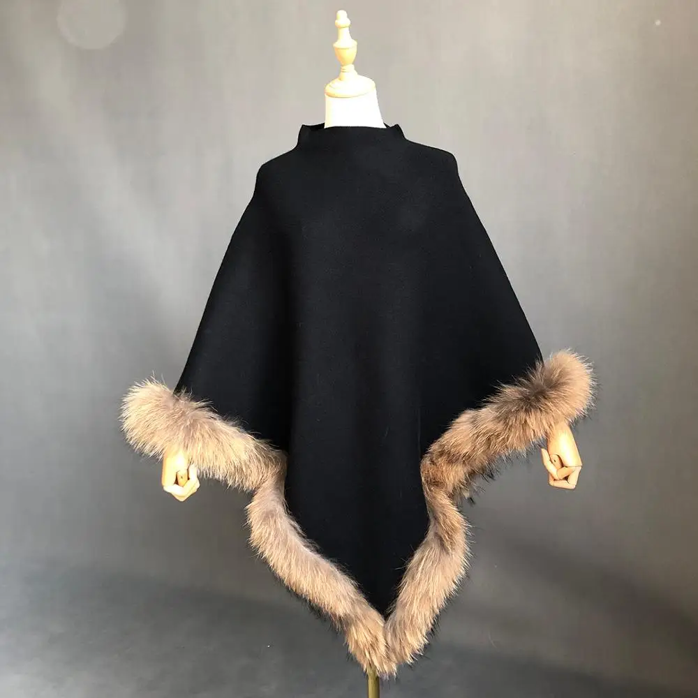 Женское пончо Модный пуловер шаль зимнее теплое с меховым верхом |