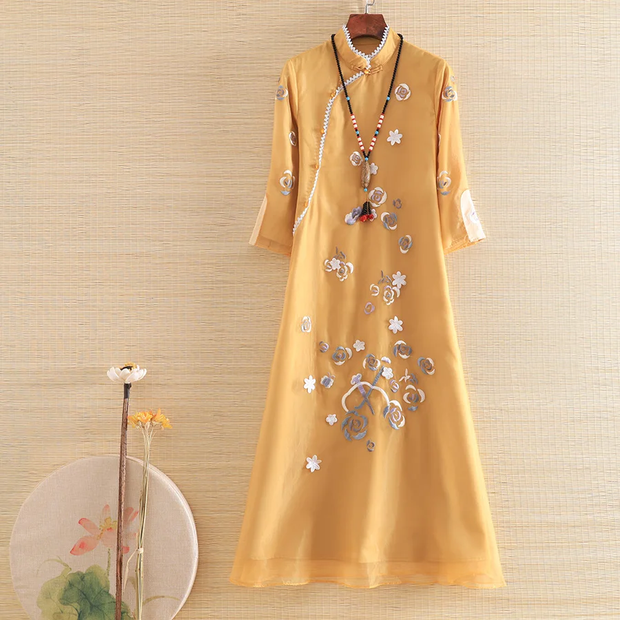 Женское шифоновое платье в этническом стиле с вышивкой и рукавом 3/4 | Женская