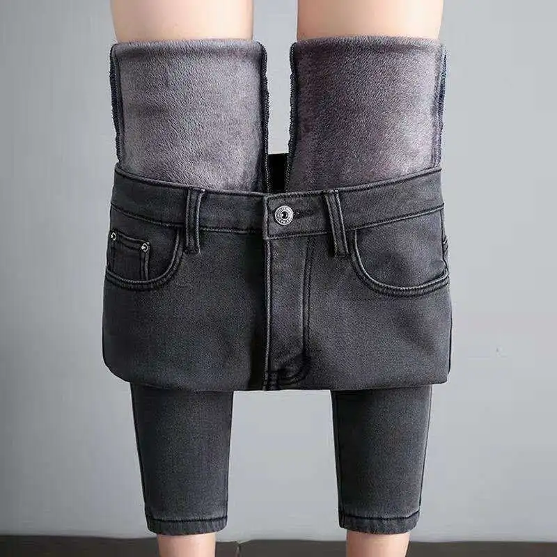 

High Waist Velvet Thick Jeans Female Winter Skinny Stretch Womens Warm Jeans Women Pants Mom Black Denim Trousers Y377