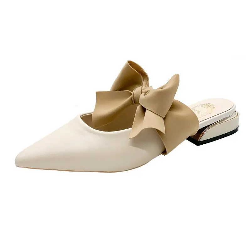 

comfortable Low Heel Slippers Fashion Bowtie Yellow Leather Shoes Women Female Pointed Toe Slippers Nude Mules Sandals