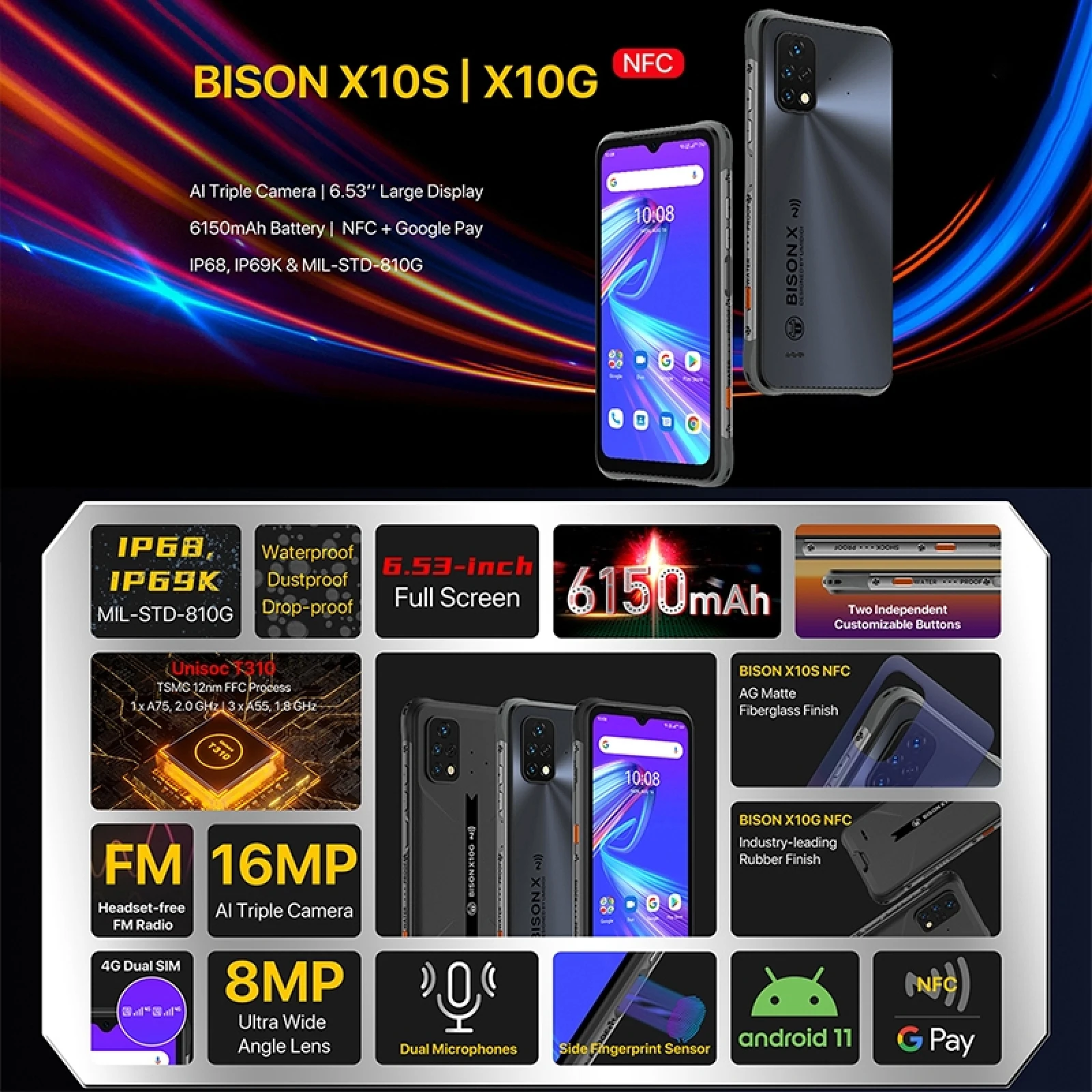 umidigi bison x10s x10g nfc global version rugged smartphone ip68ip69k 4gb 64gb 6 53 hd cellphone 16mp triple camera 6150mah free global shipping