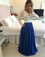 royal blue long lace sleeve prom dresses custom made sheer back beads a line evening party gowns vestido baile