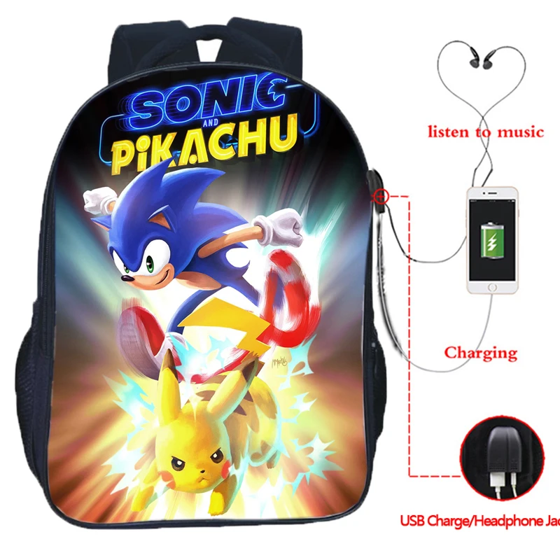 

Run Fast Sonic USB Backpack Student Cartoon Bookbag Teenager Anime School Bag Men Women Double Layer USB Charge Travel Rucksack