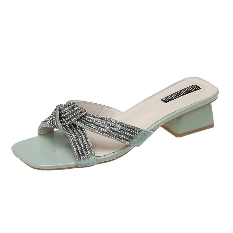 

Slippers Women Summer Peep Toe Shoes Glitter Slides Pantofle Square heel Low Rubber Flip Flops Jelly Soft 2021 Block Hawaiian Fa