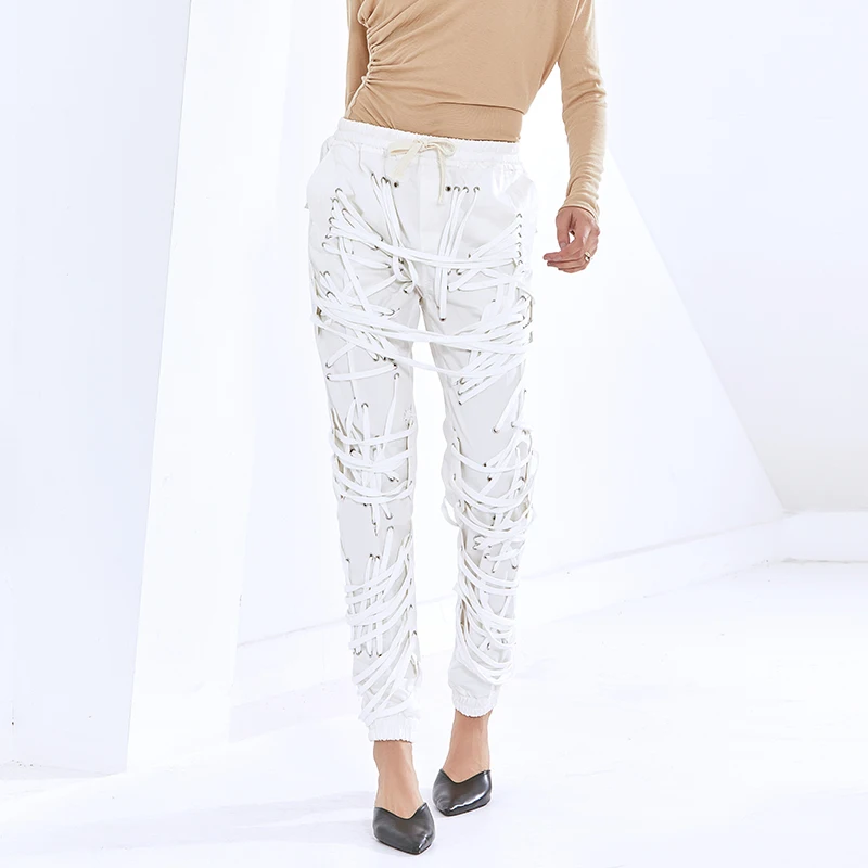 TWOTWINSTYLE Casual Harem Pants For Women High Waist Straight Cross Bandage Trouser Female Fashion New Clothing 2020 Autumn Tide