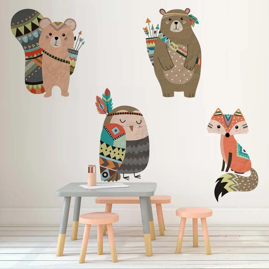 Наклейка на стену с этническим Лисом diy Милая деревянная Настенная Наклейка с животными для детской комнаты детская комната украшение для дома виниловые обои