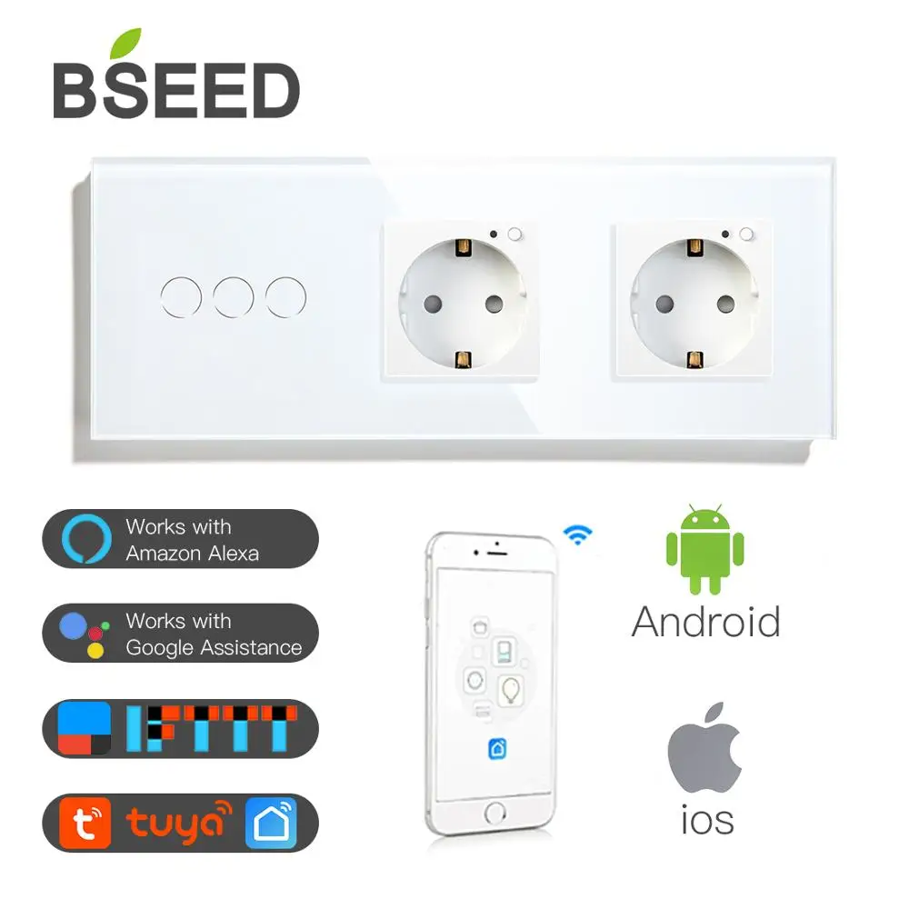 Wi-Fi-переключатель BSEED 3 Gang двойная розетка Wi-Fi европейского стандарта с Белой и