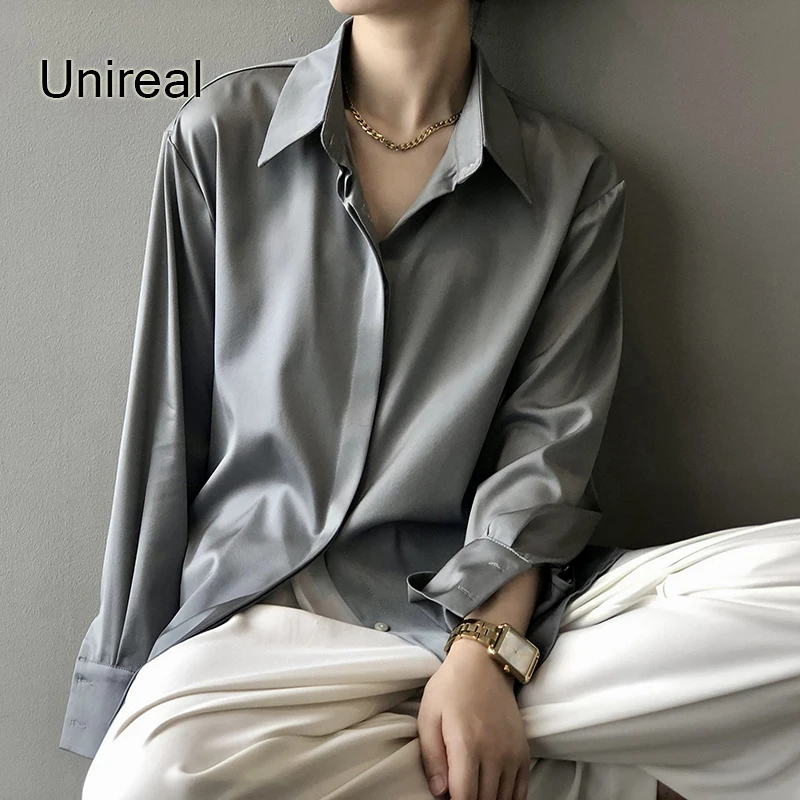 

Unireal 2022 Spring Autumn Women Satin Shirt Long Sleeve Vintage Silk Casual Loose Female Shirt Blouse