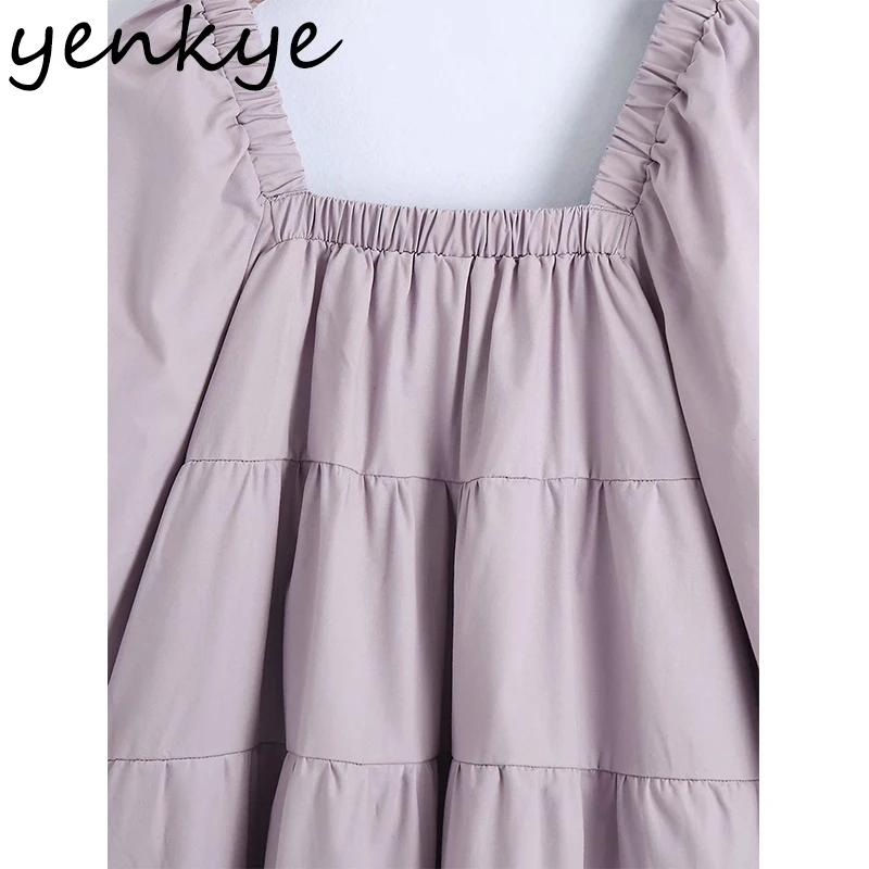 

YENKYE Spring Women Vintage Solid Square Neck Dress Female Long Sleeve Casual Plus Size Dress Short Vestido