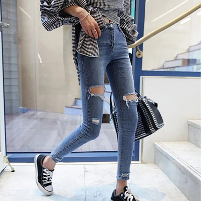 Рваные джинсы для женщин новинка 2020 Стильные узкие брюки с высокой талией