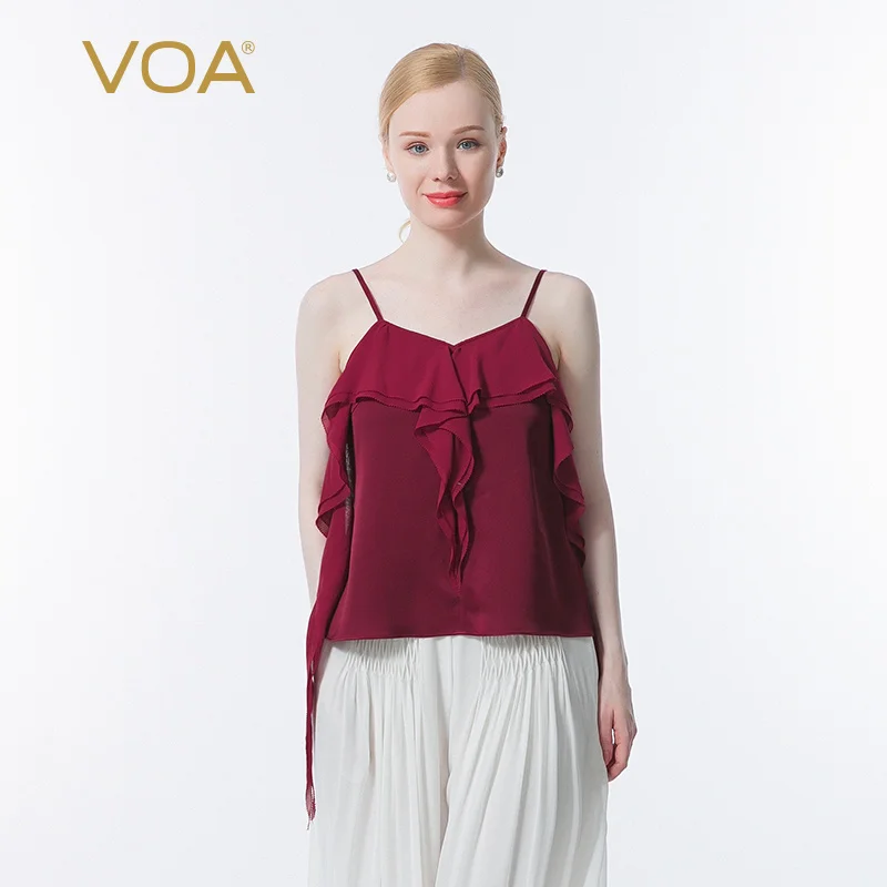 

VOA Sexy Ruffles Women Sleeveless Silk Camis Elegant Female Spaghetti Straps Summer High Street Style Tank Top 2021 New BE691