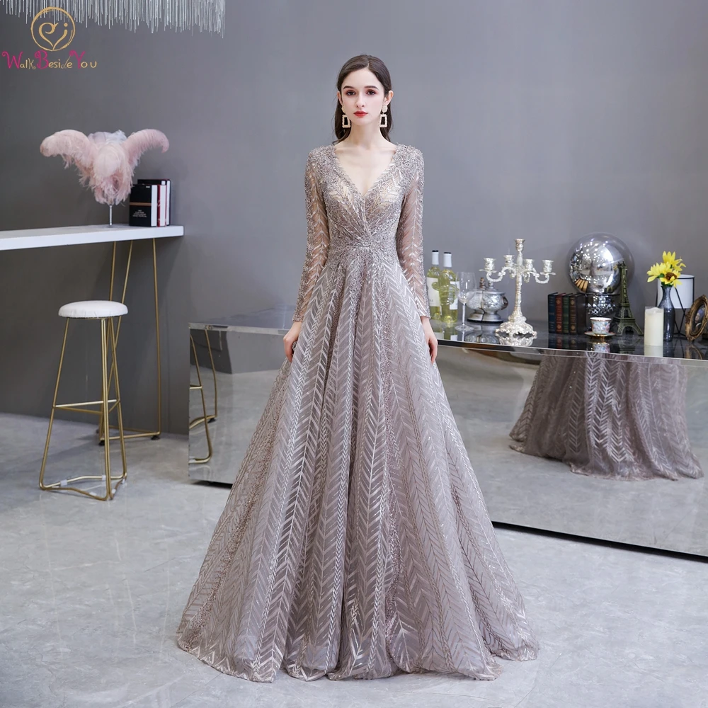 

Brown Arabic Evening Dresses 2022 Lace V Neck Full Sleeves Crystal Long Ball Gown Prom Formal Gowns Party Muslim High Quality