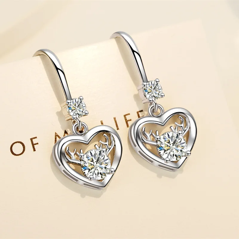 

New Fashion Romantic Heart Drop Earrings Shiny Crystal Zircon Antlers Stud Dangle Earring Female Charm Piercing Earring Jewelry