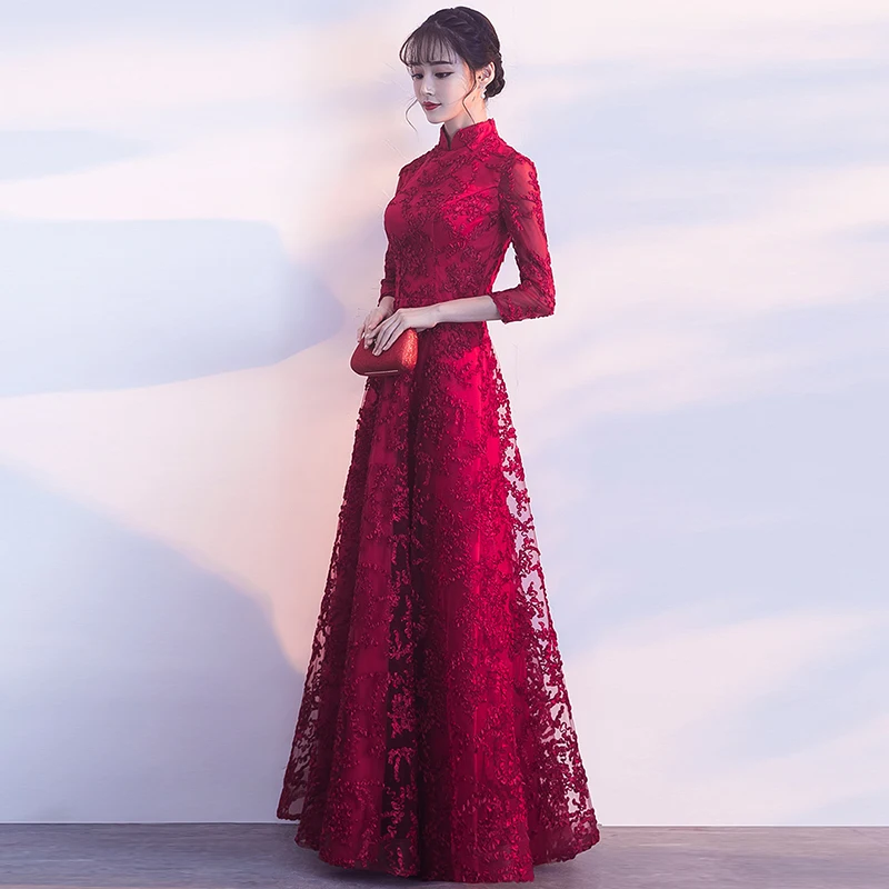 

Evening Dresses Long 2020 Retro A-line Lace 3/4 Sleeve High Neck Vestidos De Fiesta De Noche Burgundy Formal Party Gowns