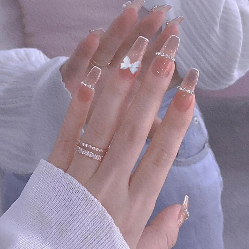 

2021 24PCS Fake Nail Exqusite Rhinestone Decor Girl Long Paragraph Full Cover Fake Nail Tips Artificial Nails Art Patch