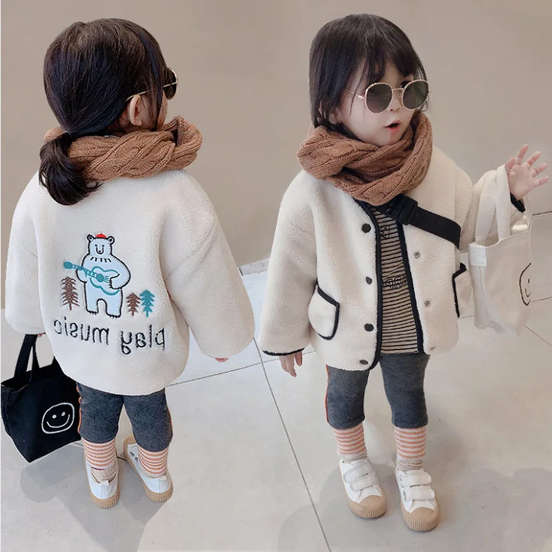 

Cartoons Baby Boy Girls Winter Spring Lamb Wool Warm Thicken Jacket Coat Long Sleeve Formal Soft Party Kids Bear Outwear