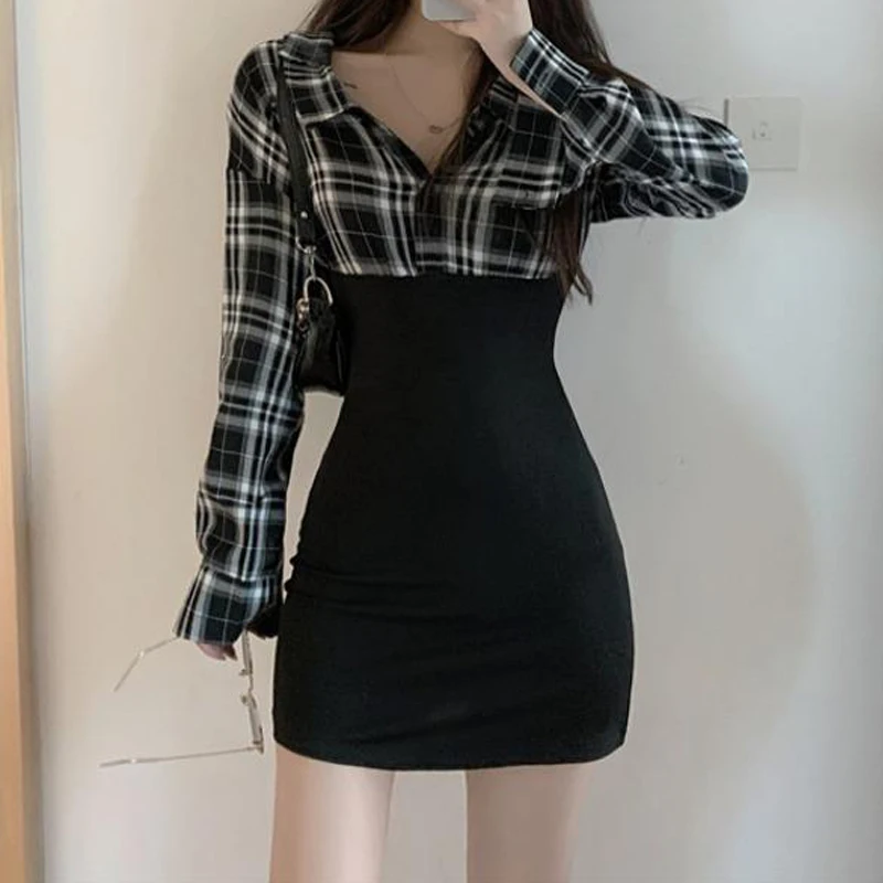

2022 Spring Korean Style Plaid Dress Shirt Women Kpop Sexy Patchwork Bodycon Ladies Long Sleeve Staple Mini Dress Woman Clothing