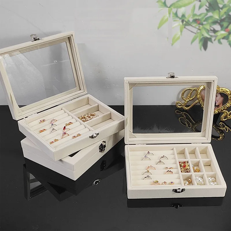 

2021 New Velvet Glass Ring Earring Jewelry Display Organizer Box Tray Holder Storage Case