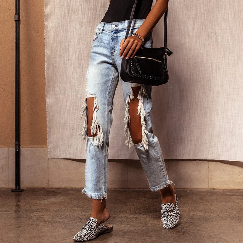 

DenimColab 2021 Fashion Big Hole Jeans Pants Women Bleached Vintage Loose Straight Jeans Sexy Fringe Office Lady Jeans Trousers