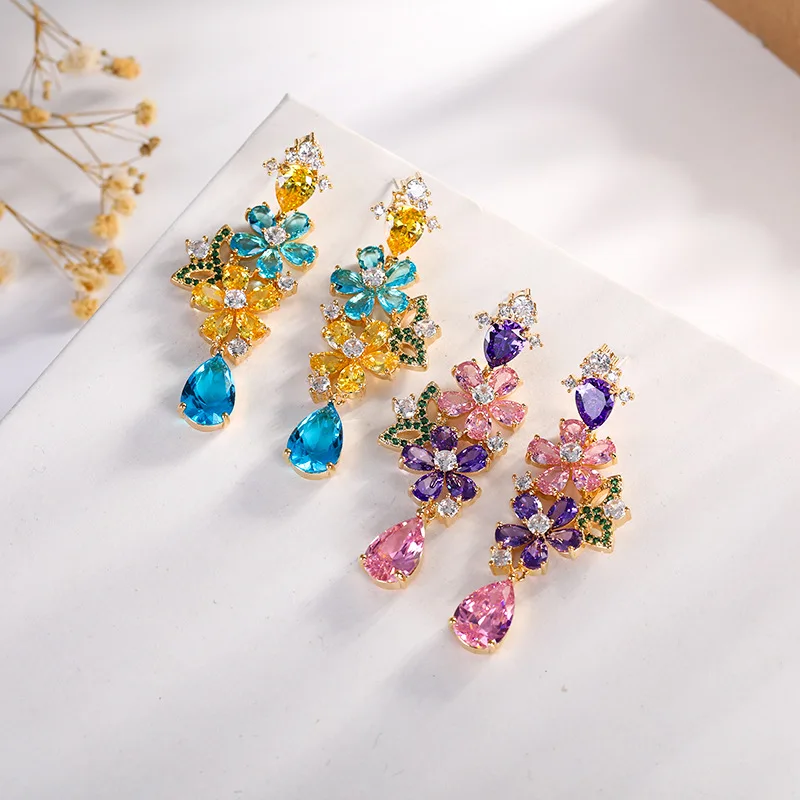 

Colorful Flowers Dangle Earrings for Women Summer Sweet Romantic Wedding Dangler Jewelry Cubic Zirconia Water Drop Earings