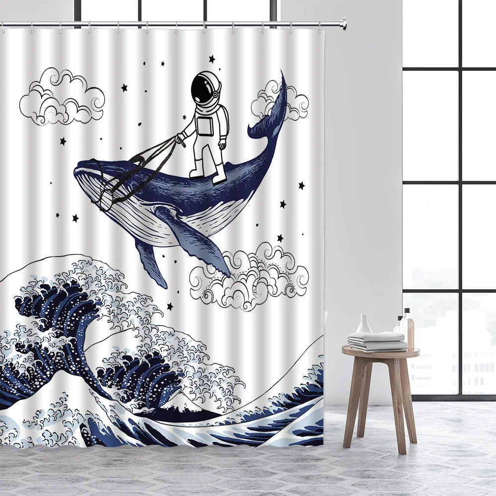 

Funny Shower Curtain Set Cartoon Whale Astronaut Sea Wave Landscape Children Home Decor Polyester Fabric Bathroom Curtains Hooks
