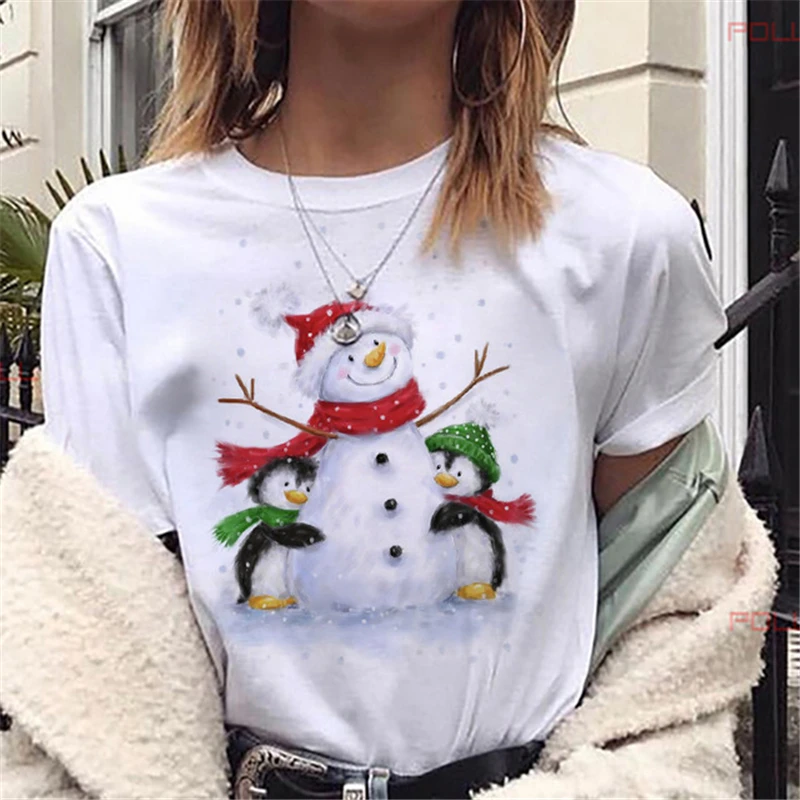 

Suitable All Seasons White Tops Women New Year Christmas T-shirts Lovely Snowman Printed T Shirt Harajuku Short Sleeve T-shirt