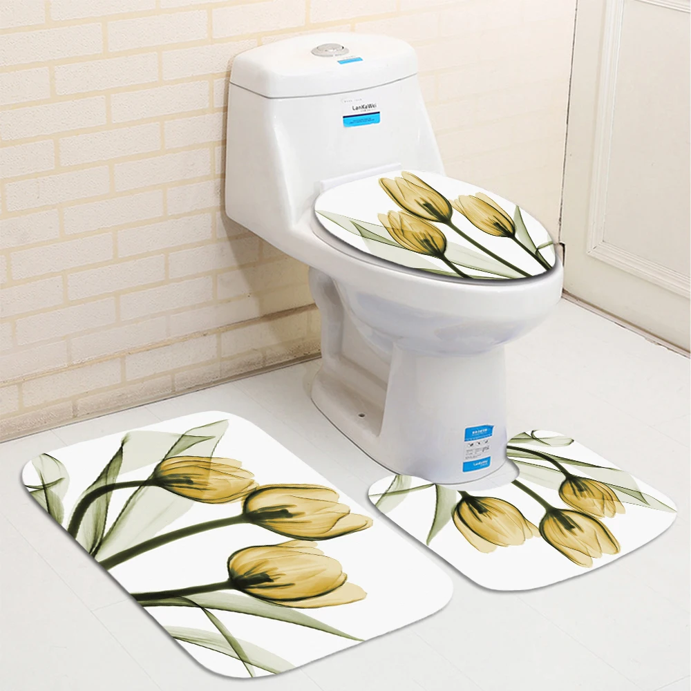 

Colorful Tulip Lotus Flowers Trees Shower Curtain Sets Non-Slip Rugs Toilet Lid Cover and Bath Mat Waterproof Bathroom Curtains