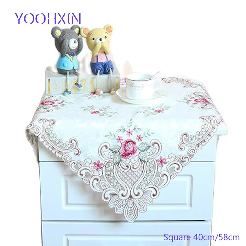 Роскошная Розовая атласная квадратная скатерть коврик с вышивкой кружево