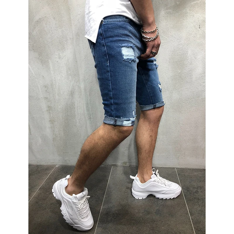 Новые модные мужские повседневные шорты джинсовые короткие брюки рваные скинни