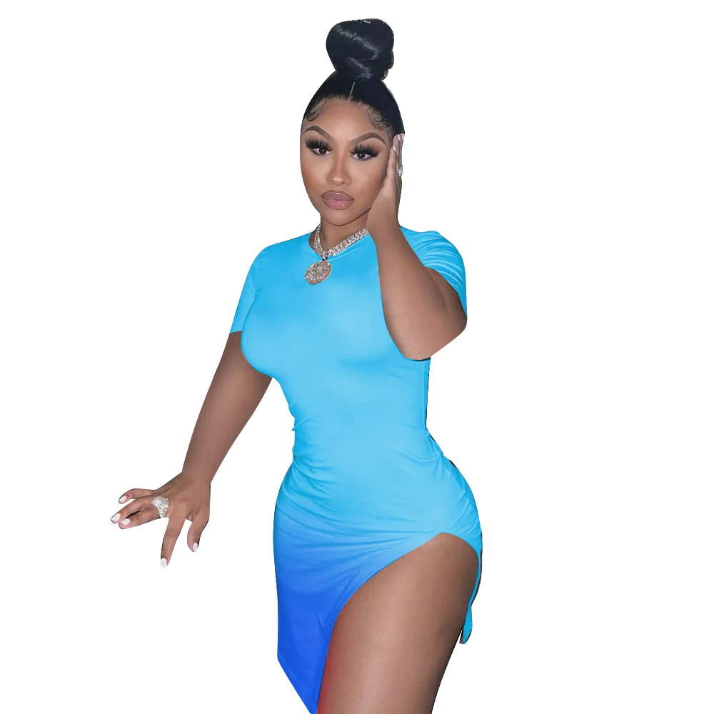

2021 Solid Women Party Dresses Side Split Crew Neck Sleeveless Hottest Nightclub Bodycon Asymmetrical Design Lady Mini Dress