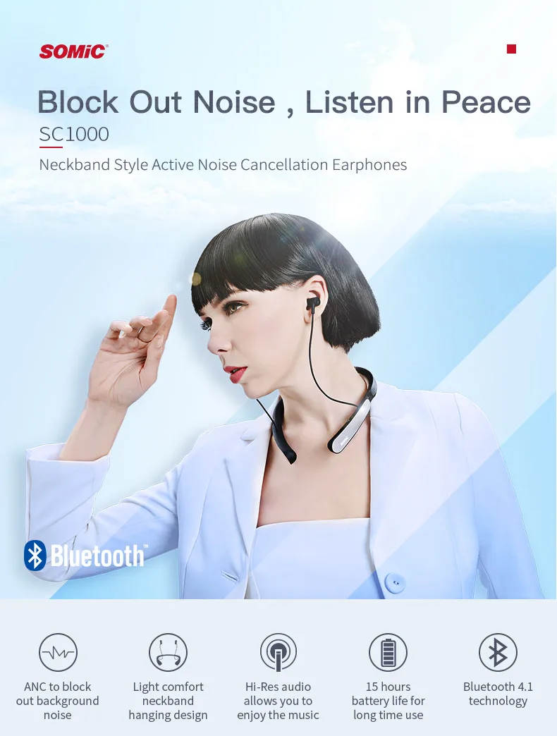 SOMiC SC1000 ANC активные Беспроводные наушники с шумоподавлением, Bluetooth спортивные наушники с шейным ремешком, музыкальные наушники, гарнитура с микрофонами