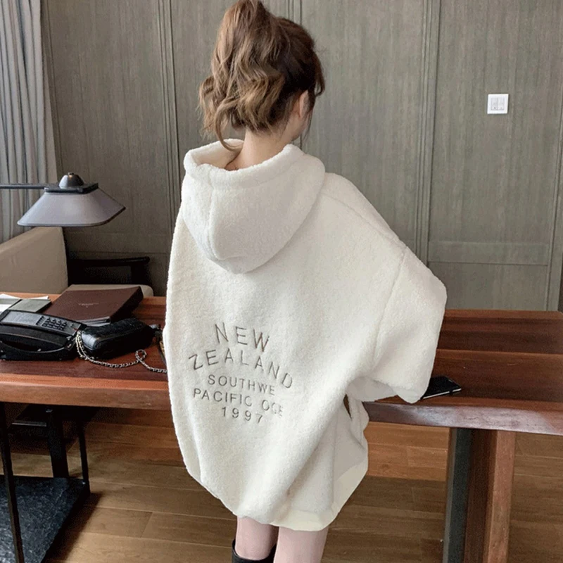 

QRWR 2020 Autumn Winter New Women Sweatshirt Fashion Fleece Casual Kawaii Hoodies Solid Loose Oversized Thick Hooded Sweatshirt